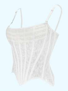 Áo corset gợi cảm mới dành cho nữ, với phần eo được thắt chặt, thanh lịch và cao cấp, có lớp vải tuyn hai lớp với đường viền lượn sóng và dây đeo mảnh. Màu trắng, kiểu dáng thường ngày cho mùa hè. - trắng - Xem 3
