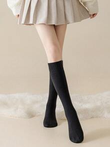 女士过膝长袜一双装，多种颜色可选，加厚保暖羊毛混纺，纯色设计，经典时尚，适合秋冬季节，Y2K风格，舒适袜子