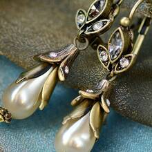 2-Piece Set, Fashionable Women's Vintage Flower Imitation Pearl Lily Pendant Synthetic  Leaf Metal Antique Bronze Earrings For Daily Party Gift - hoa bạc - Xem 7