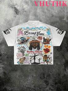 (220 Pure Cotton T-Shirt)    Men's Summer Round Neck Short Sleeved Casual Pure Cotton Print  Y2K Style Hand Drawn - Trắng-2 - Xem 1