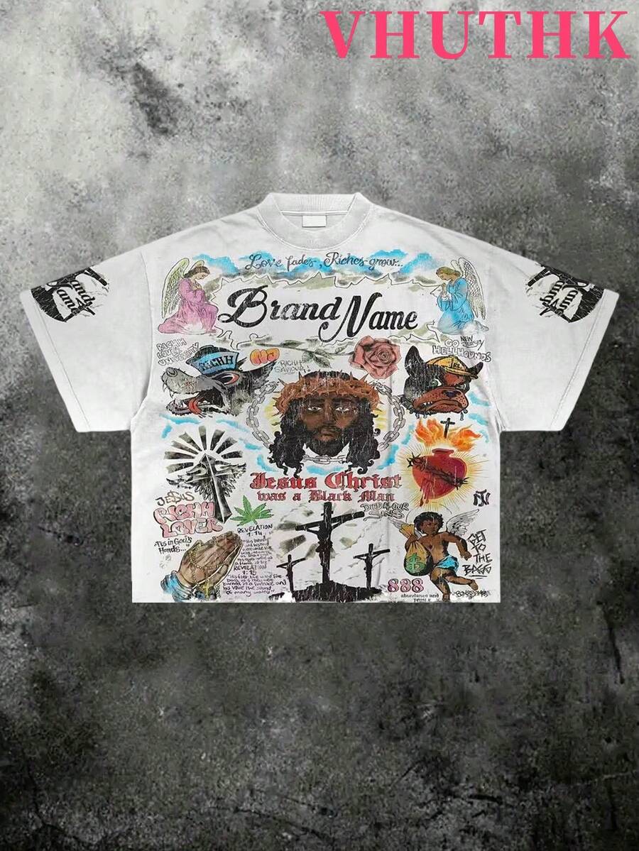 (220 Pure Cotton T-Shirt)    Men's Summer Round Neck Short Sleeved Casual Pure Cotton Print  Y2K Style Hand Drawn - Trắng-2 - Xem 1