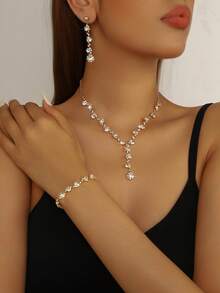 3 件/套时尚水钻项链、耳环、手链，适合日常或婚礼浪漫场合等。