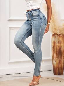 Women's Mid-Rise Skinny Jeans - Stretchy Denim, Button Fly, Classic Washed Slim Fit, Versatile Casual Wear - Light Wash - View 5