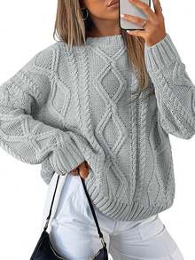 2025  Women's Oversized Cable Knit Crewneck Sweaters - Cedar Brown - View 6