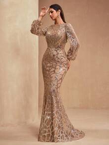 New Luxury Elegant Women's Formal Mermaid Maxi Dress With Sequins, Sequins, Lace Patchwork, Lantern Sleeves, Round Neck, Suitable For Formal Parties, Galas, Banquets - 咖啡棕 - 查看 8