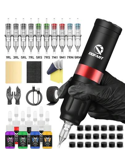 DQFART Kabelloses Tattoo-Pistolen-Set, ausgestattet mit 1500mAh Stromversorgung, Digitalanzeige, Aluminiumlegierungsgehäuse, All-in-One Tattoo-Maschinen-Stift, komplettes Tattoo-Set, inklusive Tattoo-Nadeln, Tattoo-Tinte, Tattoo-Zubehör geeignet für Anfänger und Tattoo-Künstler