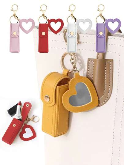 1pc Lipstick Holder With Heart-Shaped Mirror, Useful For Women Makeup, Key Chain. Heart-Shaped Mirror Decorated Lipstick Case, Multi-Color Women Makeup Bag, Heart-Shaped And Bag Decor Fashion Keychain Pendant, Wallet, Purse, Bag Accessories, Storage Pouch ,Jewellery Box,Pouch,Makeup Brush Holder,Brush Holder,Perfume Organiser,Pouch Bag