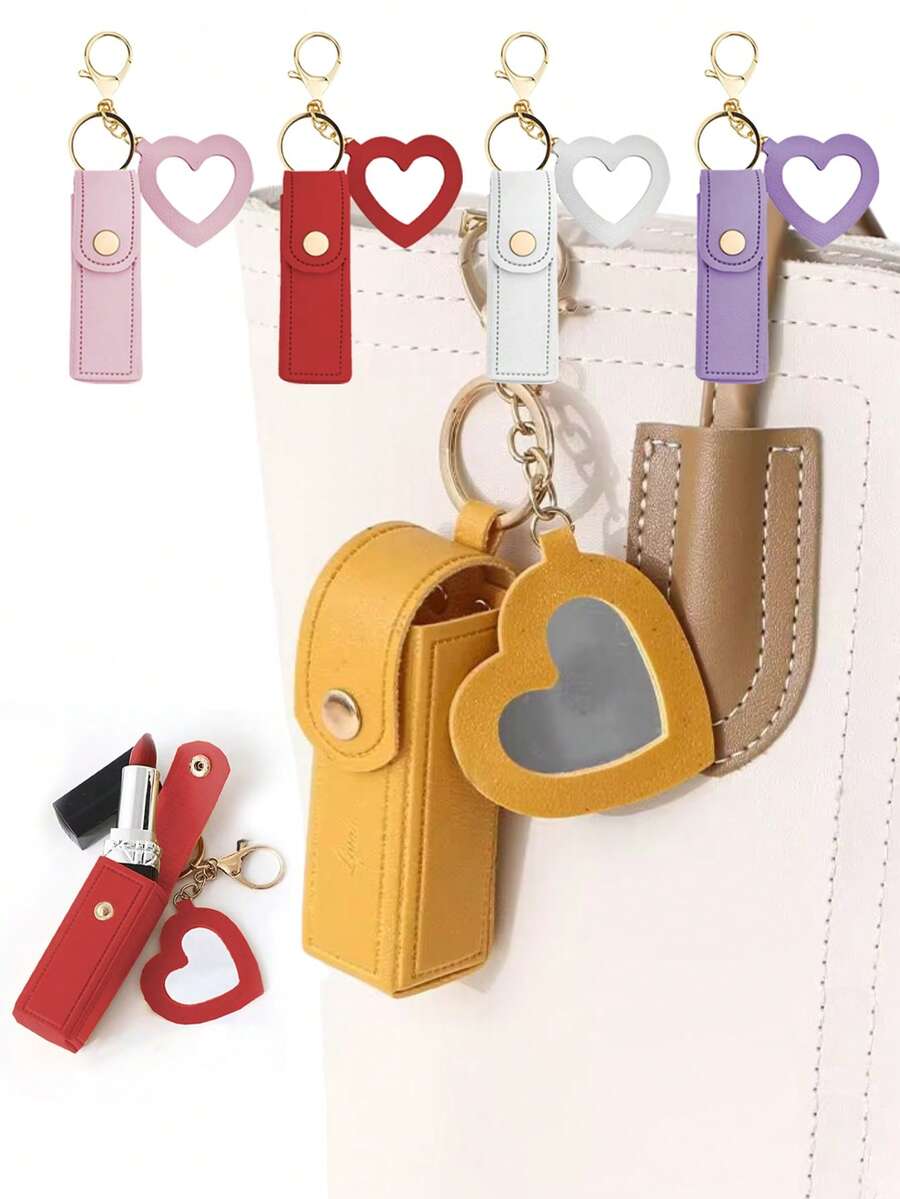 1pc Lipstick Holder With Heart-Shaped Mirror, Useful For Women Makeup, Key Chain. Heart-Shaped Mirror Decorated Lipstick Case, Multi-Color Women Makeup Bag, Heart-Shaped And Bag Decor Fashion Keychain Pendant, Wallet, Purse, Bag Accessories, Storage Pouch ,Jewellery Box,Pouch,Makeup Brush Holder,Brush Holder,Perfume Organiser,Pouch Bag