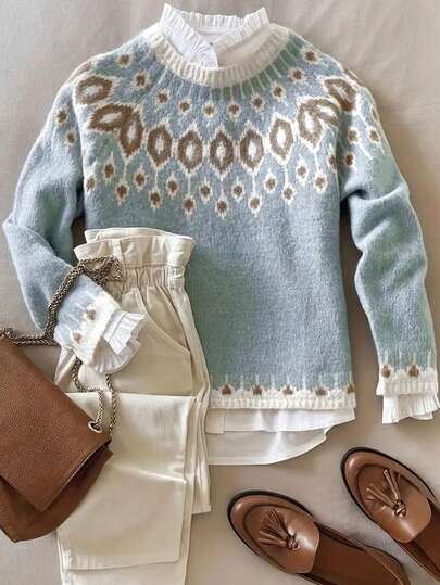 Suéter holgado de cuello redondo de manga larga de lana con estampado de Fair Isle para mujer, ropa de otoño e invierno, ropa de otoño para mujer, ropa de invierno para mujer, blusas de otoño, para trabajo/oficina, casual de negocios