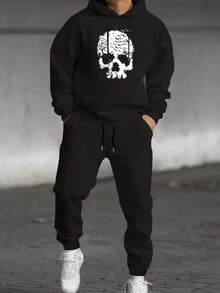Hombre008 traje para hombre Conjunto de sudadera con capucha y pantalones deportivos para hombre con estampado de calaveraAzul marino con diseño de calavera blanca, pantalones deportivos cómodos, perfectos para otoño inv(Tallas corren pequeñas, pide una talla grande.) - Negro - Ver 1