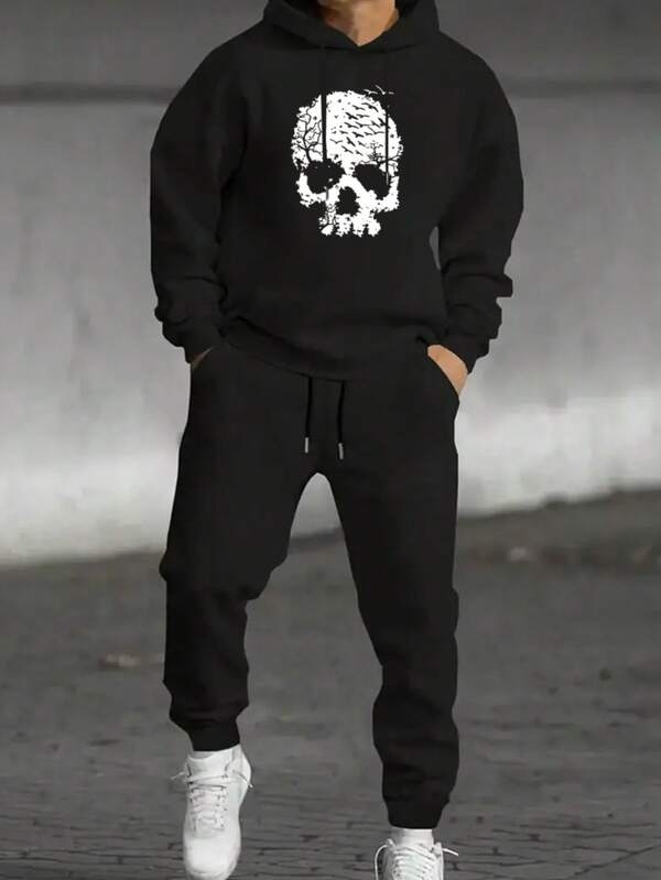 Hombre008 traje para hombre Conjunto de sudadera con capucha y pantalones deportivos para hombre con estampado de calaveraAzul marino con diseño de calavera blanca, pantalones deportivos cómodos, perfectos para otoño inv(Tallas corren pequeñas, pide una talla más grande.)
