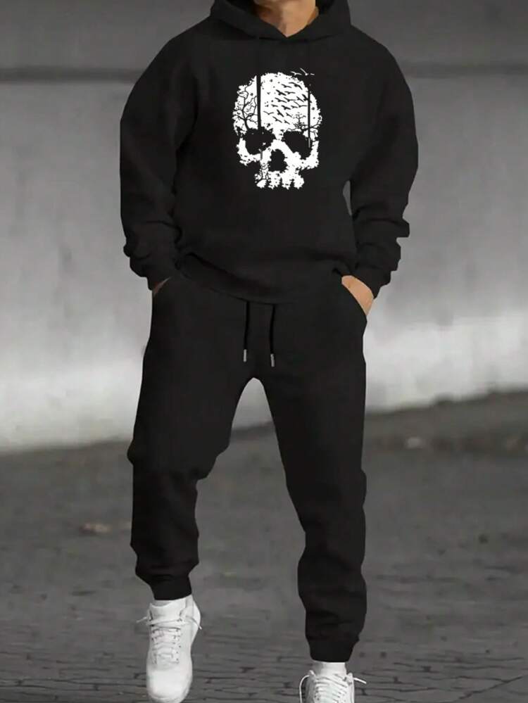 Hombre008 traje para hombre Conjunto de sudadera con capucha y pantalones deportivos para hombre con estampado de calaveraAzul marino con diseño de calavera blanca, pantalones deportivos cómodos, perfectos para otoño inv(Tallas corren pequeñas, pide una talla grande.) - Negro - Añade 1