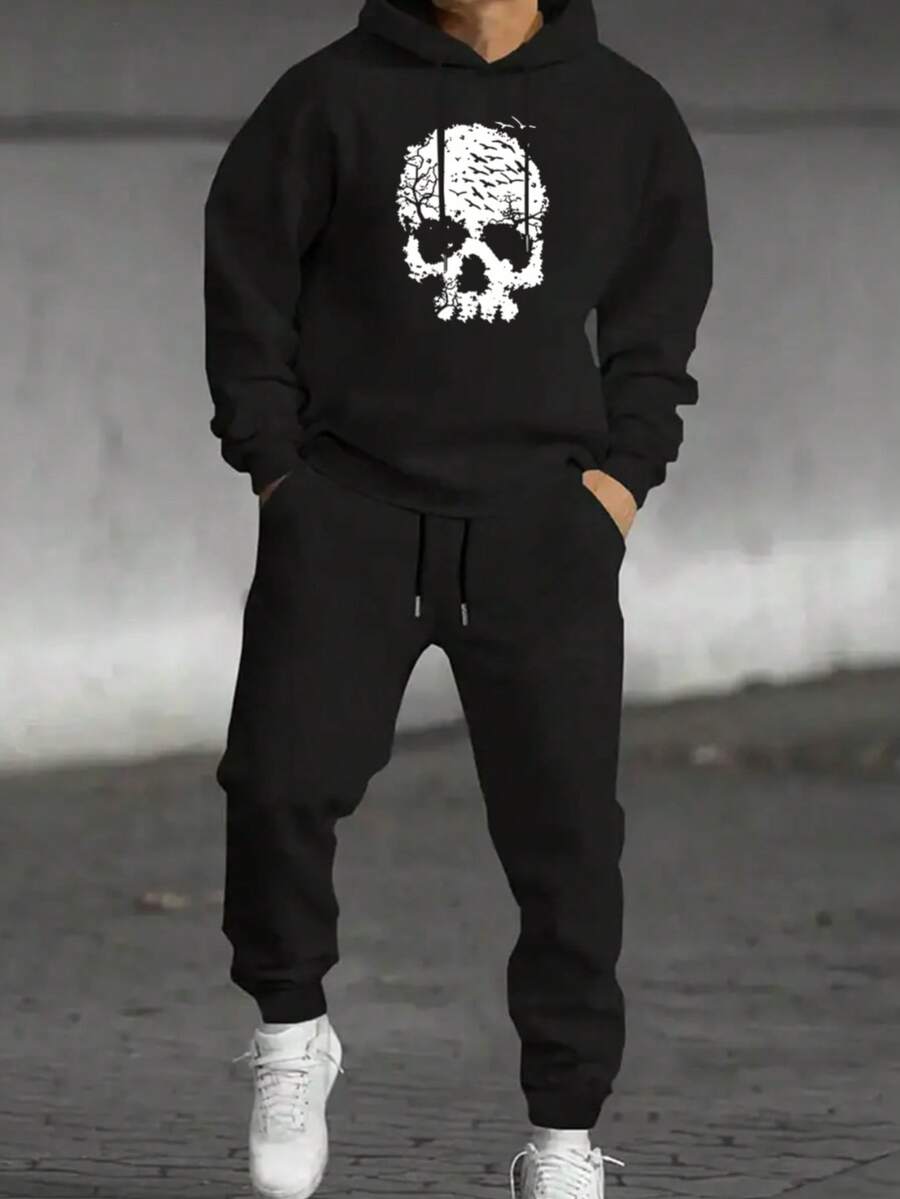 Hombre008 traje para hombre Conjunto de sudadera con capucha y pantalones deportivos para hombre con estampado de calaveraAzul marino con diseño de calavera blanca, pantalones deportivos cómodos, perfectos para otoño inv(Tallas corren pequeñas, pide una talla grande.) - Negro - Ver 1