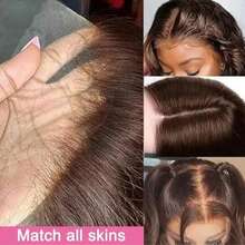 自然巧克力棕色假发，真人前额发丝，200%密度，13x4高清蕾丝前假发，预先拔毛，高清蕾丝前假发，女士直发混色假发，带婴儿发，28英寸 - 棕色 - 查看 7