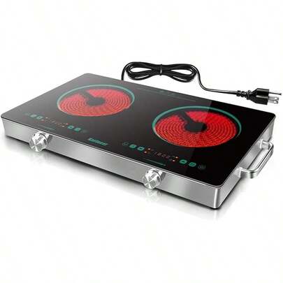 Karinear 2 Burner Electric Cooktop 110V, Portable Electric Stove With Handle, Knob Control Electri Hot Plate, Ceramic Countertop Burner, Timer, Safety Lock, 9 Power Level, 2000W, 24 Inch(Green)
