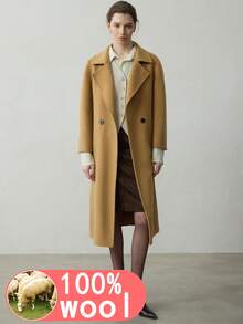 新款高端100%羊毛女式大衣，时尚系带长款保暖双面羊毛大衣，女士冬季外套，新年、感恩节、冬季优雅外衣 - 駝色 - 查看 3