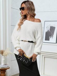 Plus Size Solid Color Batwing Sleeve Sweater, Winter - White - View 5