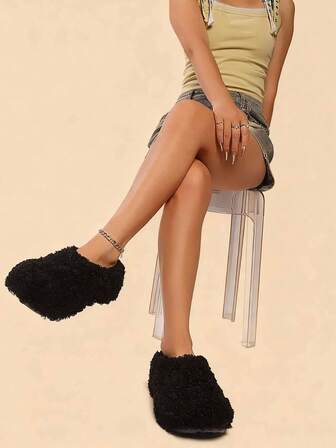 2025 New Thick Sole Slip-On Slippers Faux Fur Mules Flats For Women, Thermal Lined