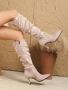 女士秋冬新款褶皱高筒靴，性感尖头扣带细高跟侧拉链踝靴，浅粉色时尚高跟高筒靴 - 淺粉色 - 查看 15