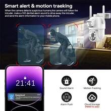 2.4G/5G WiFi 双镜头户外安防摄像头，1080P 高清智能监控摄像头，具备静态和动态图像显示、云台控制、彩色夜视、移动侦测、355° 水平旋转和 90° 垂直旋转、双向语音通话、手机 App 控制等功能，适用于室内外环境。