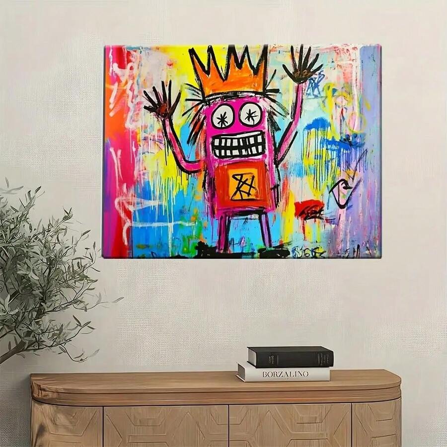Poster-2D Flat, 2D Flat One Piece Vintage A Cute Happy Monster Wearing Crown By Jean Michel Basquiat Suitable As Decorative Art In Living Rooms, Bedrooms And Bathrooms., 2D Flat - 黑色 - 查看 1