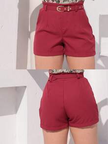 Women's Tailored Shorts With Belt And Pocket Thin Belt - 勃根地 - 查看 3