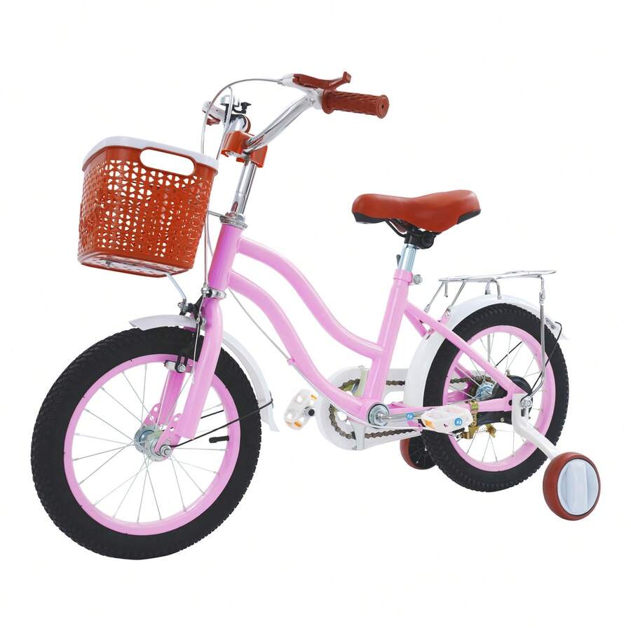 14 Inch Children's Bike, Children's Bike With Adjustable Height, Training Wheels, Storage Basket And Handbrake, For 3-8 Year Old Boys And Girls - Hồng - Xem 1