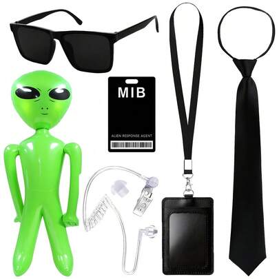 6 piezas Accesorios de Proxy MIB en 2D - Gafas negras, corbata con cremallera, tarjeta de identificación, auriculares e Alien verde inflable - Perfecto para Halloween, juegos de roles, carnavales y fiestas de disfraces - Accesorios con temática de ciencia ficción, resistentes y de moda, adecuados tanto para hombres como para mujeres, set de accesorios de Halloween