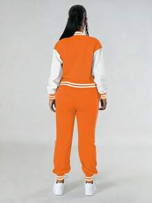 Women's Casual Color Block Single-Breasted Long Sleeve Jacket Top Paired With Drawstring Pocket Sweatpants Set, Spring/Autumn/Winter