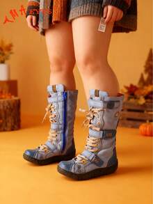 1 Pair TMA EYES Women's Vintage Style Handmade Stitching Leather+PU Splicing Distressed Upper, PU Lining With Faux Fur Lining, Jacquard Laces, Hook-And-Loop Closure, Side Zipper, Non-Slip Wear-Resistant Warm Outdoor Casual Plus Size Calf Boots - Blue - View 4