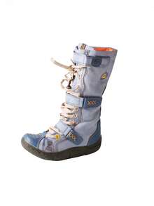 1 Pair TMA EYES Women's Vintage Style Handmade Stitching Leather+PU Splicing Distressed Upper, PU Lining With Faux Fur Lining, Jacquard Laces, Hook-And-Loop Closure, Side Zipper, Non-Slip Wear-Resistant Warm Outdoor Casual Plus Size Calf Boots - Blue - View 6