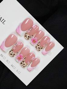 10片装 - Y2K风格豹纹粉色花朵美甲贴片，粉色花朵金色珠子方形美甲贴片 - 豹纹设计，裸粉色渐变，闪亮水钻装饰假指甲 - 秋冬季必备美甲单品，适合日常、派对和户外活动 - 送给女士的最佳礼物，手工美甲贴片 - 彩色 - 查看 7