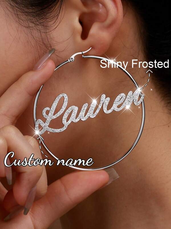 70mm Round Hoop Earrings Customized Name Earrings, Fashionable Personalized Bohemian Style Stainless Steel Gold Cursive Letter Handmade Exaggerated Hoop Earrings, Party Jewelry Birthday Holiday Gift For Her, Christmas Present
