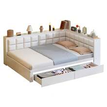 Wooden Bed 140x200 Cm, Soft Backrest, Spacious Storage Drawers, Slatted Base, Single Pine Bed, White