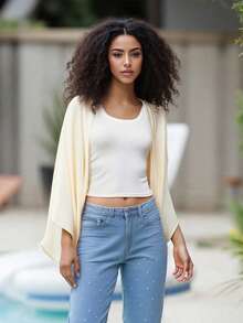 Shrug Cardigan For Women Fashionable Lightweight Solid Color Open Front Loose Cover Up - Beis - Ver 4