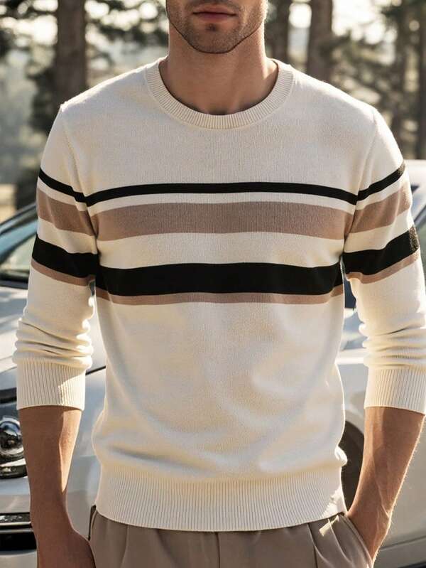 1 pieza Suéter de punto casual a rayas para hombre, otoño/invierno