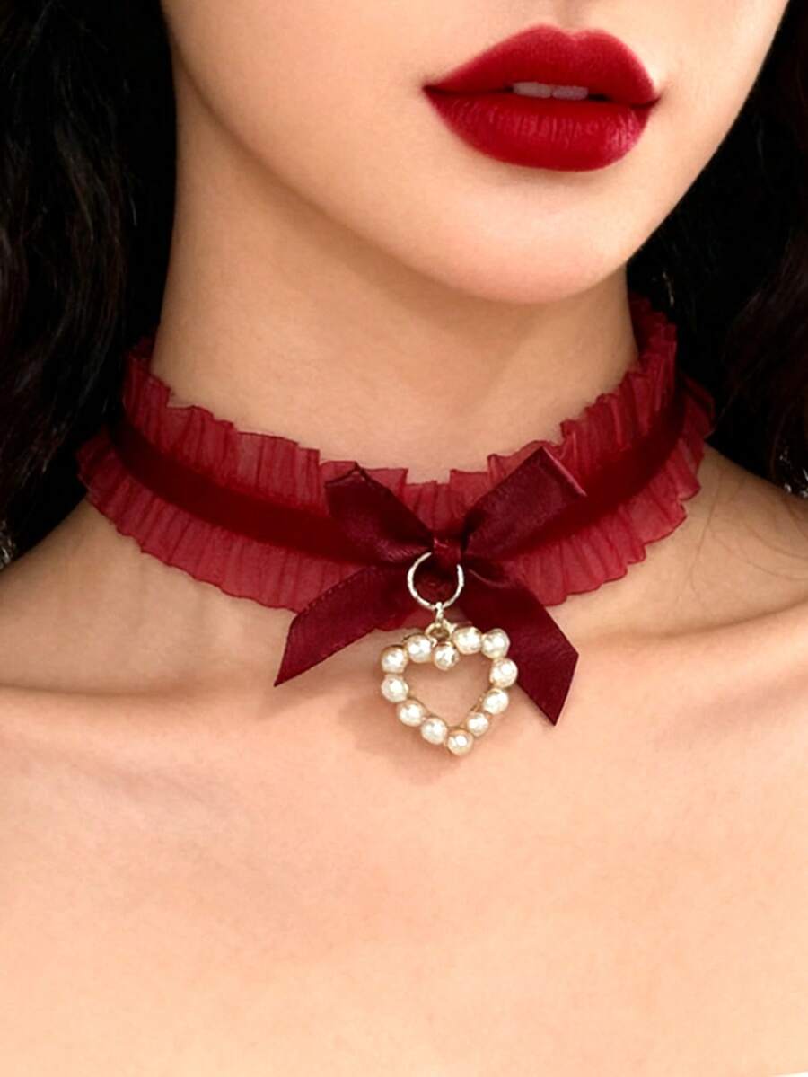 1 chiếc vòng cổ choker ren đỏ gợi cảm dễ thương ngọt ngào với mặt dây chuyền nơ trái tim ngọc trai giả, quà tặng cho cô ấy - Đỏ - Xem 1
