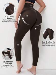 1 件高腰收腹紧身裤，提臀压缩瑜伽裤，无缝健身紧身裤，弹力塑形面料，适合健身房、跑步、健身、日常穿着 - 咖啡棕 - 查看 2