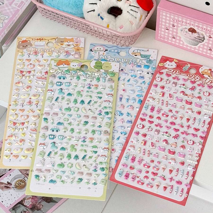 INS 韩式和日式 3D 迷你可爱动物毛绒心形贴纸，儿童、女孩、剪贴簿、手机壳装饰纸艺装饰 - 彩色 - 查看 1