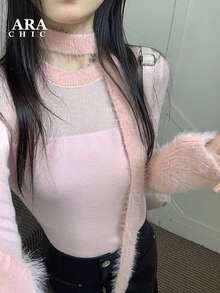 Suéter semitransparente rosa para mujer ARA CHIC - Mangas abullonadas con paneles de piel sintética de visón, capa base ajustada, estilo dulce y cautivador para citas, cumpleaños y reuniones, nueva colección de otoño e invierno