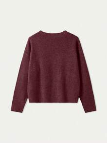 FOR BEAUTY 秋冬新款纯色简约圆领长袖休闲宽松针织衫，时尚宽松通勤套头毛衣，女士新年情人节礼物 - 酒紅色 - 查看 6