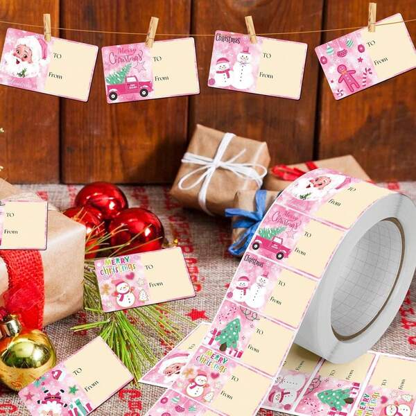 210-420 pièces [Autocollants de Noël roses] Étiquettes adhésives imperméables à motifs variés pour les fêtes. Décalcomanies pour étiquettes de cadeaux, décoration de fenêtre, fournitures de fête de Noël, activités scolaires, célébrations de bureau, panneaux d'affichage d'hiver, scrapbooking saisonnier, étiquettes avec lettrage "Joyeux Noël" pour la saison des cadeaux