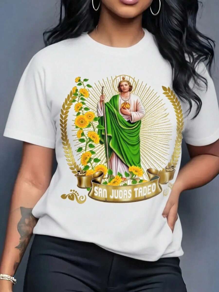 Playera camiseta gráfica dama mujer manga corta cuello redondo básica cómoda fresca ligera moderna juvenil casual estampado sn judas san juditas tadeo girasoles flores flor floral  letras - Blanco - Ver 1