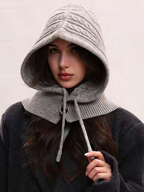 1 pezzo Cappello lavorato a maglia con coulisse, motivo geometrico monocromatico, passamontagna da sci, scaldacollo invernale coreano, adatto per uscite quotidiane e shopping