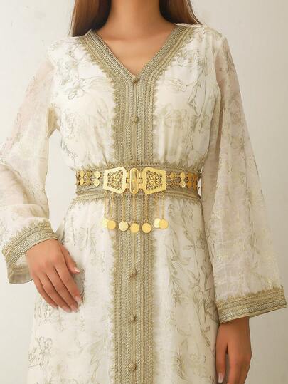 A Gorgeous Hollow Gold Waist Chain For Children And Girls - Exquisite Retro Decorative Belt, Suitable For Matching Dresses, Parties, And Wedding Occasions. Exquisite Gold Waist Chain With Complex Patterns, Coin Style Waist Chain Pendant Style, Suitable For Stunning Parties And Evening Dress Decoration, Autumn Decoration, Birthday Decoration