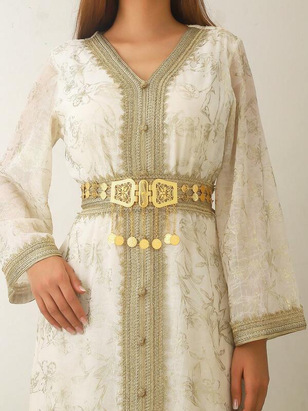 A Gorgeous Hollow Gold Waist Chain For Children And Girls - Exquisite Retro Decorative Belt, Suitable For Matching Dresses, Parties, And Wedding Occasions. Exquisite Gold Waist Chain With Complex Patterns, Coin Style Waist Chain Pendant Style, Suitable For Stunning Parties And Evening Dress Decoration, Autumn Decoration, Birthday Decoration