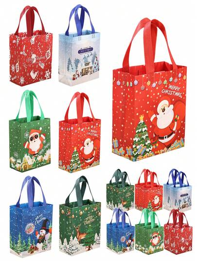 12pcs Christmas Gift Bags With Handles,Reusable Non-Woven Tote Bags,Santa Claus,Snowman,Elk,Snowflakes Christmas Bags For Wrapping Gifts,Party Favors,New Year,Shopping Bag