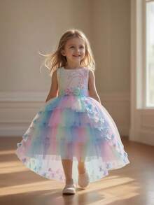Girls Rainbow Tulle Dress, Princess Dress, Flower Girl Dress, Performance Dress, Girls Floral Dress
