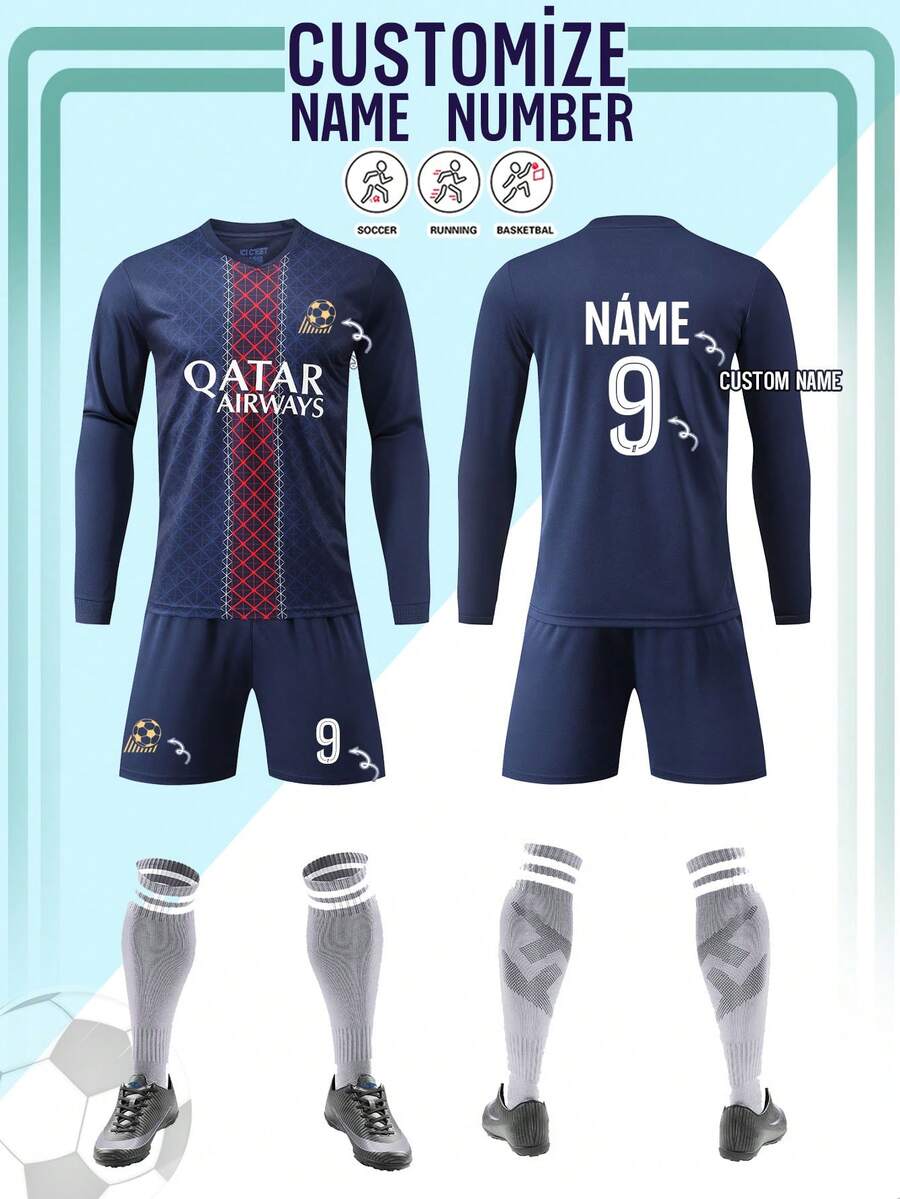 2 Stücke Herren Langarm Fußballtrikot mit Personalisierung, personalisierte Fußballuniform, Herren Herbst Sportanzug, Laufset, T-Shirt Set, geeignet für Fußball, Badminton, Basketball, Radfahren