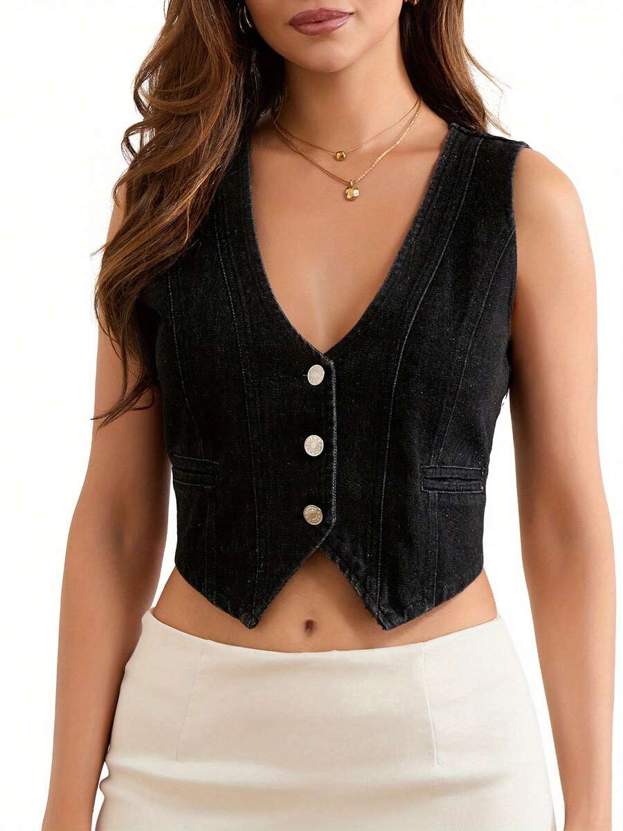 Womens Denim Vest Sleeveless V Neck Button Down Jean Waistcoat Jacket Y2K Summer Crop Tops - 黑色 - 查看 1